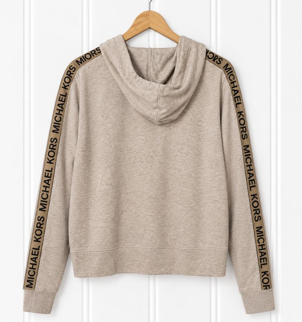 Michael Kors Hoodie Womens L Taupe Beige Full Zip Gold Logo Lightweight